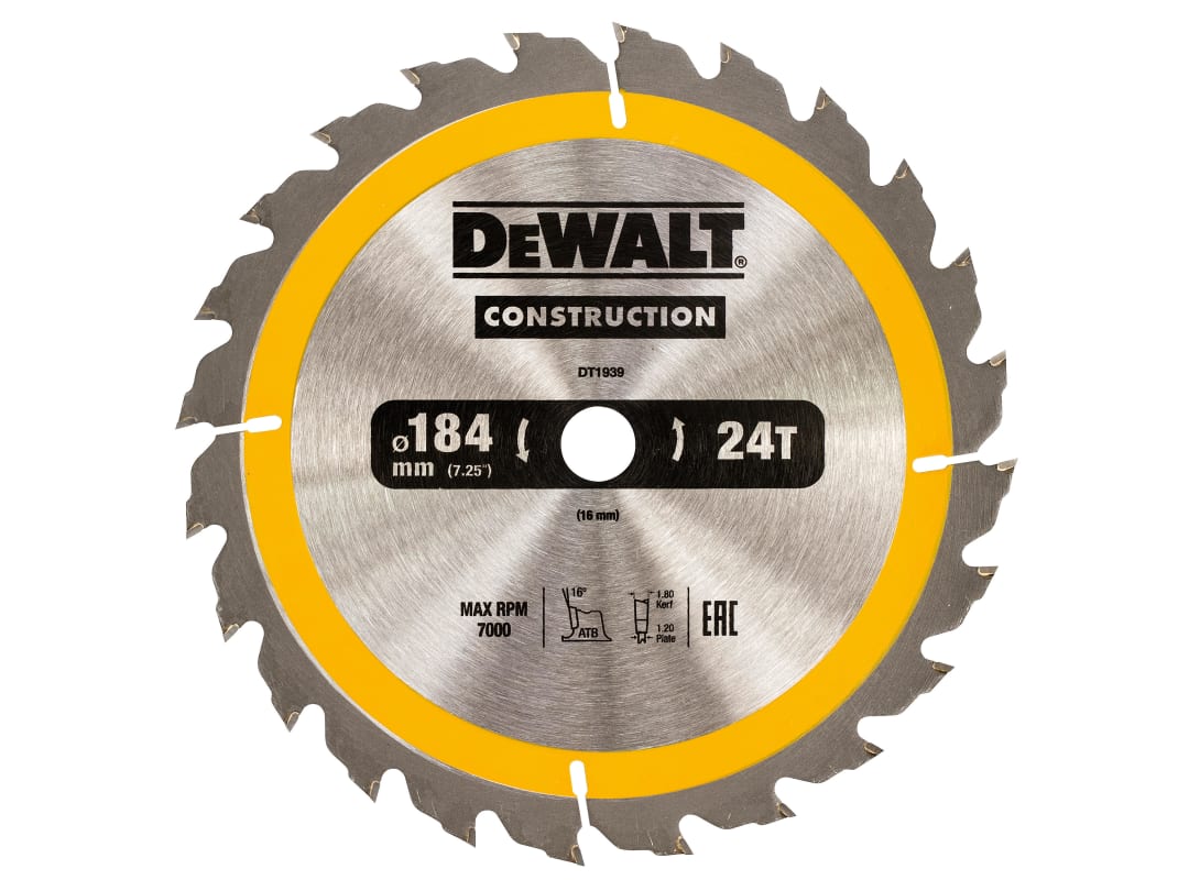 DEWALT Power Tools Portable Construction Circular Saw Blade 184 x 16mm x 24T DT1939-QZ