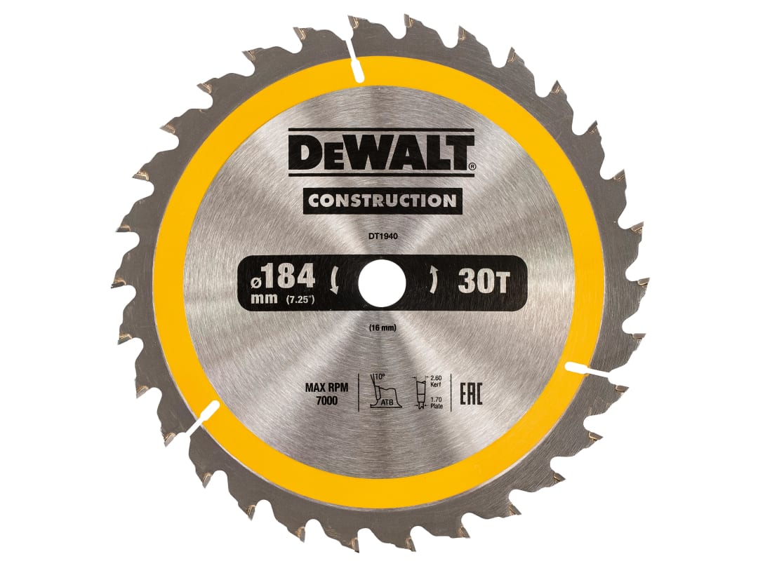 DEWALT Power Tools Portable Construction Circular Saw Blade 184 x 16mm x 30T DT1940-QZ