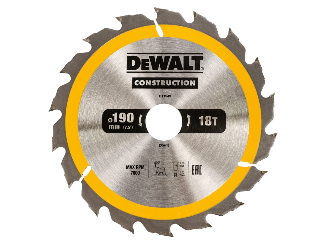DEWALT Power Tools Portable Construction Circular Saw Blade 190 x 30mm x 18T DT1943-QZ