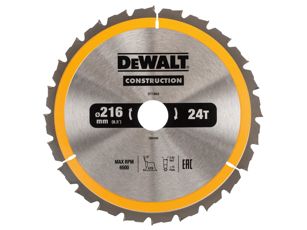 DEWALT Power Tools Stationary Construction Circular Saw Blade 216 x 30mm x 24T ATB/Neg DT1952-QZ