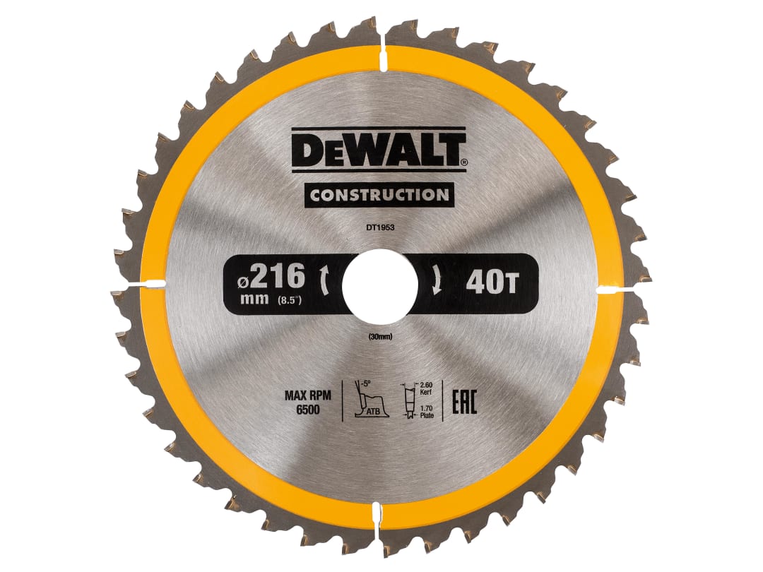 DEWALT Power Tools Stationary Construction Circular Saw Blade 216 x 30mm x 40T ATB/Neg DT1953-QZ