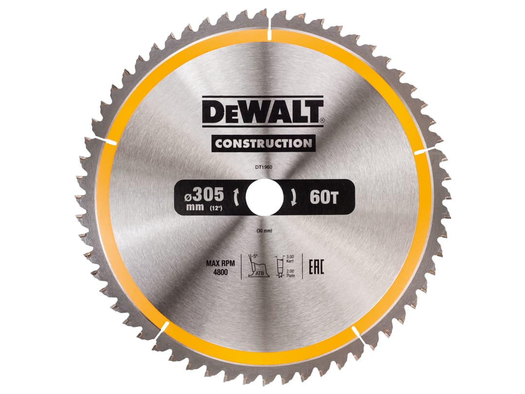 DEWALT Power Tools Stationary Construction Circular Saw Blade 305 x 30mm x 60T ATB/Neg DT1960-QZ