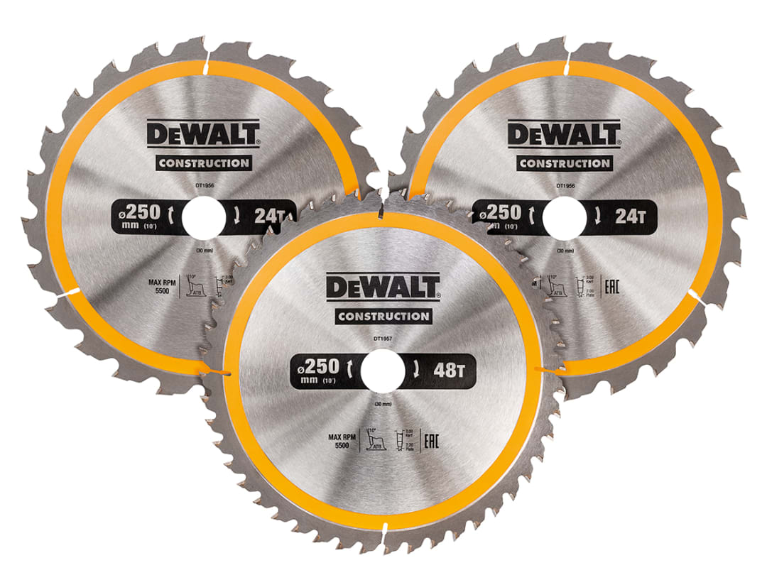 DEWALT Power Tools DT1963 Construction Circular Saw Blade 3 Pack 250 x 30mm x 24T/48T DT1963-QZ
